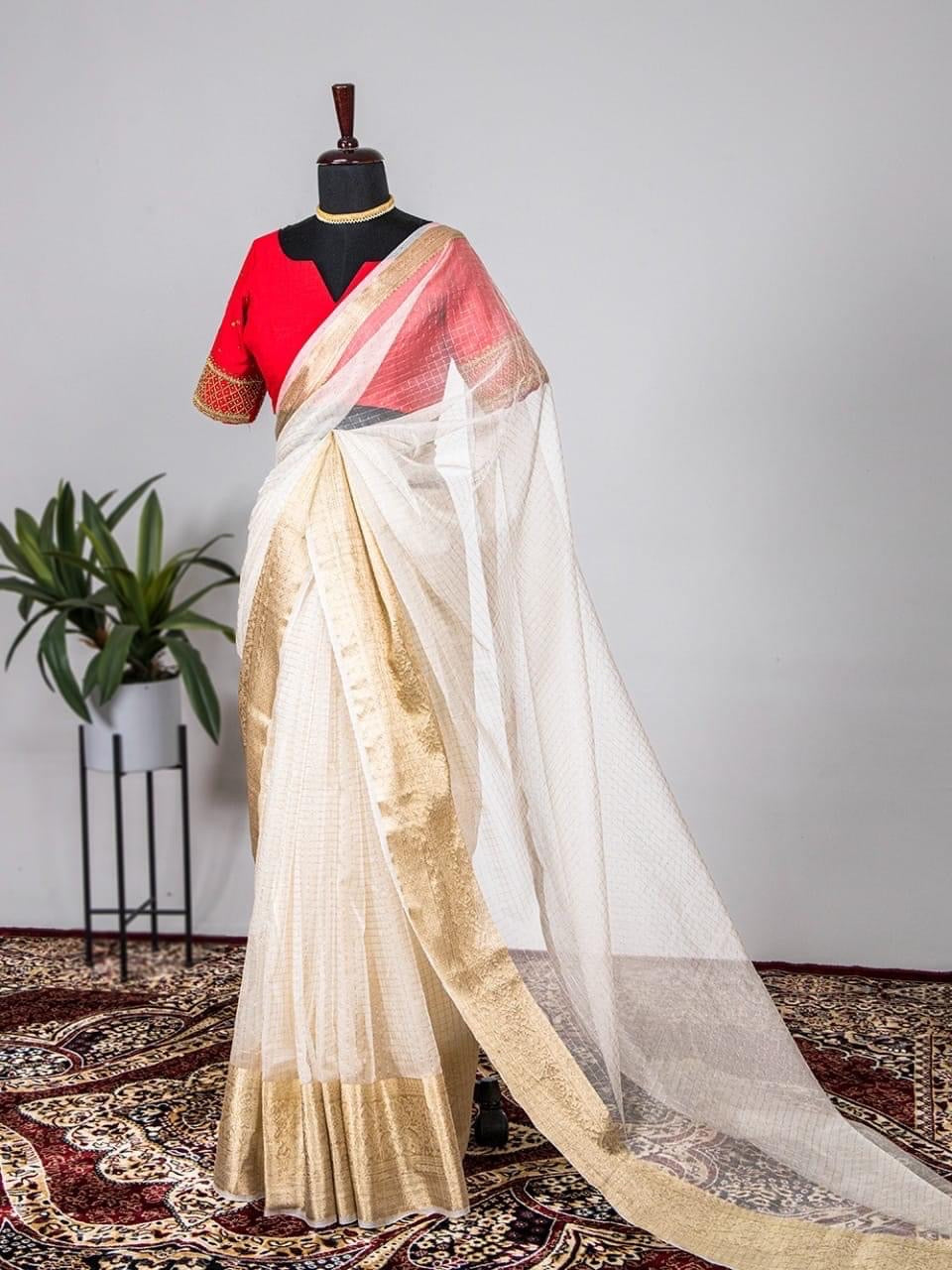 Niharika White Organza Chex saree