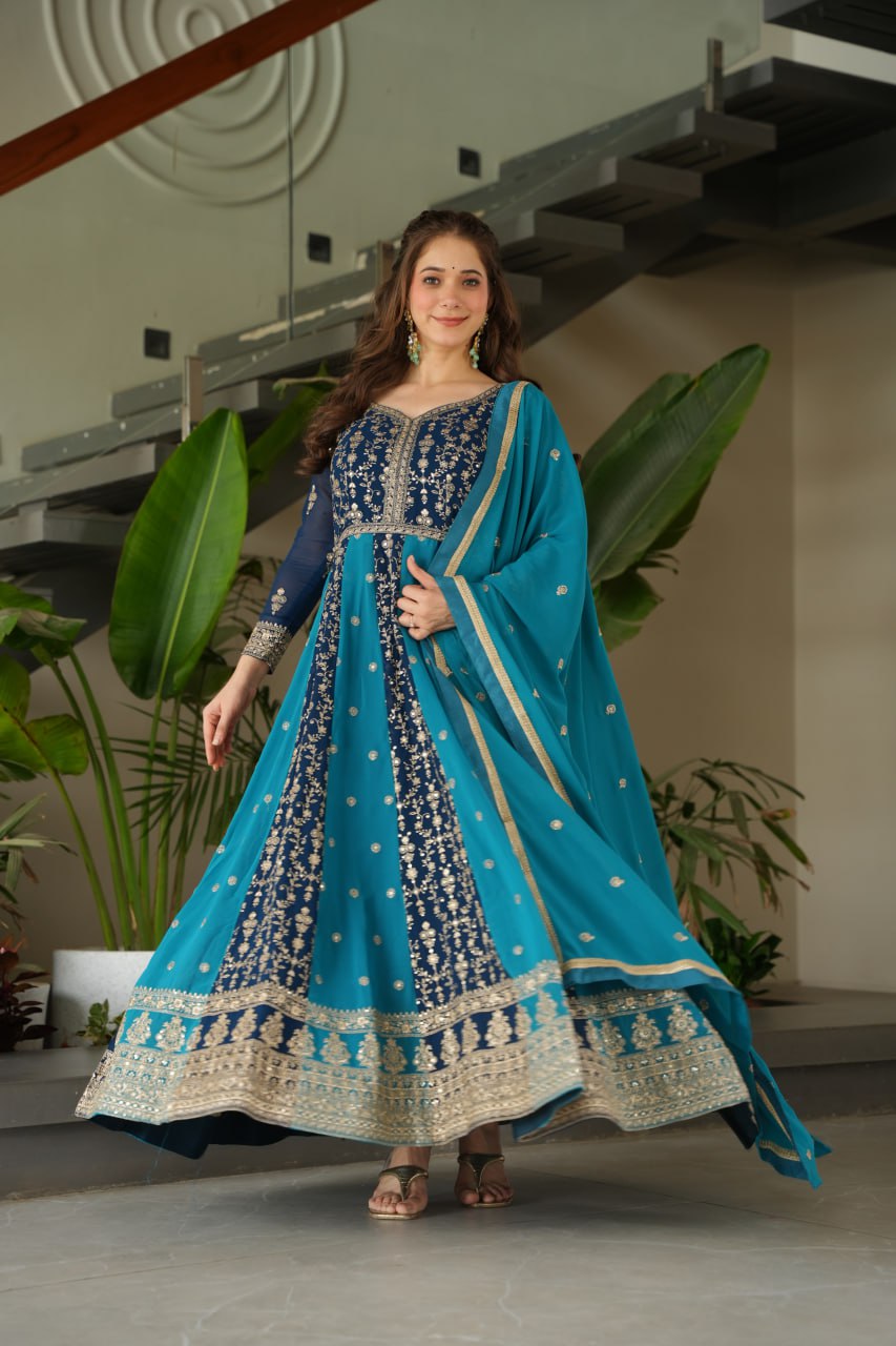 Dual Pattern Gown with Zari & Sequins Embroidered work