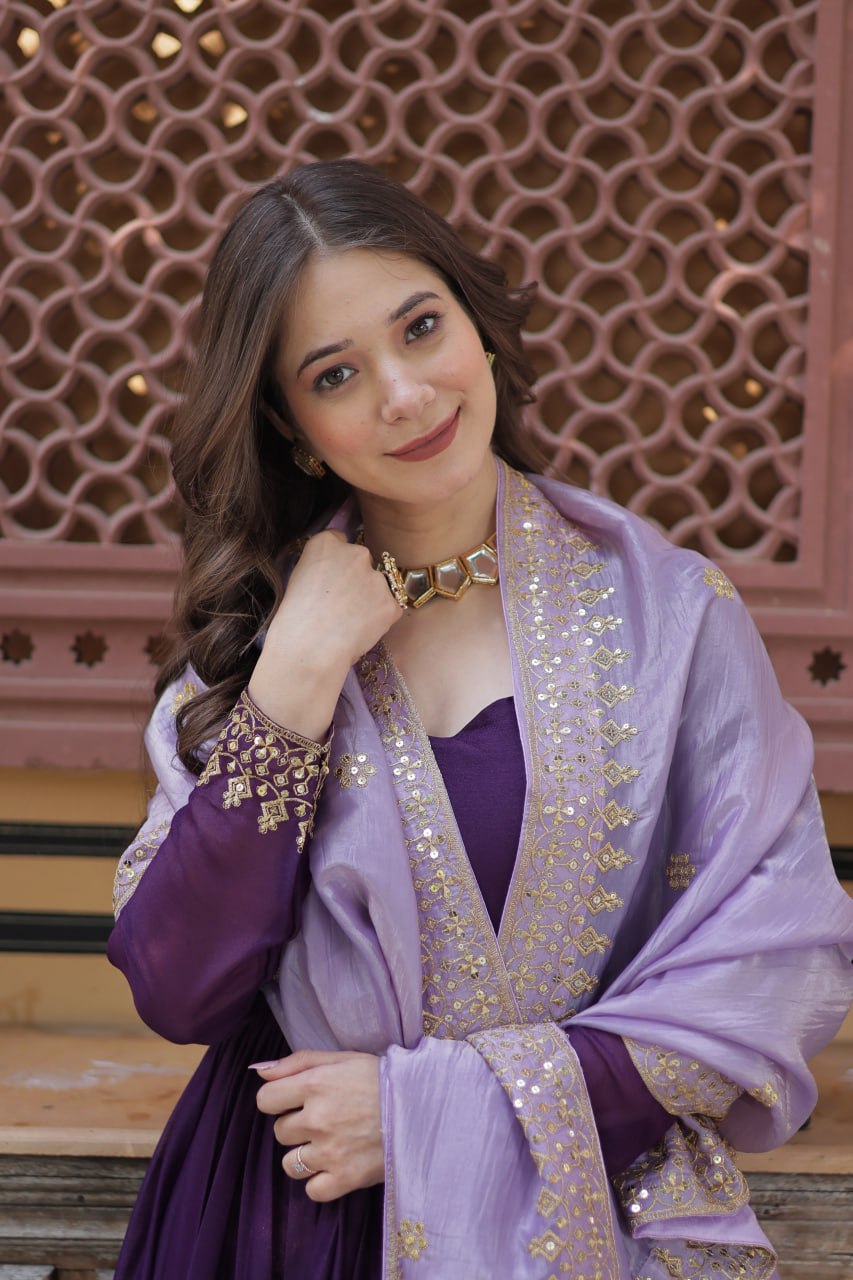 Star Georgette Purple Gown with Light Purple Dupatta