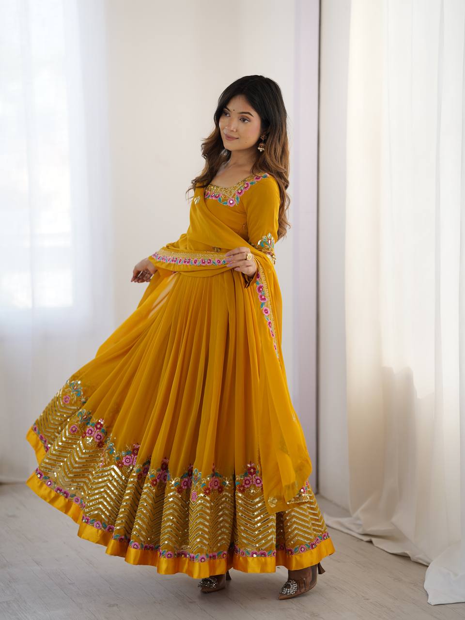 Georgette Anarkali with Multi thread embroidery work