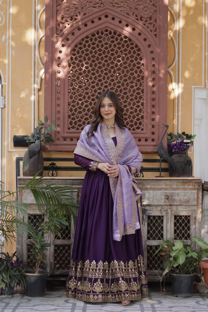 Star Georgette Purple Gown with Light Purple Dupatta