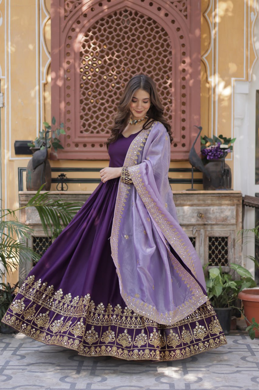 Star Georgette Purple Gown with Light Purple Dupatta