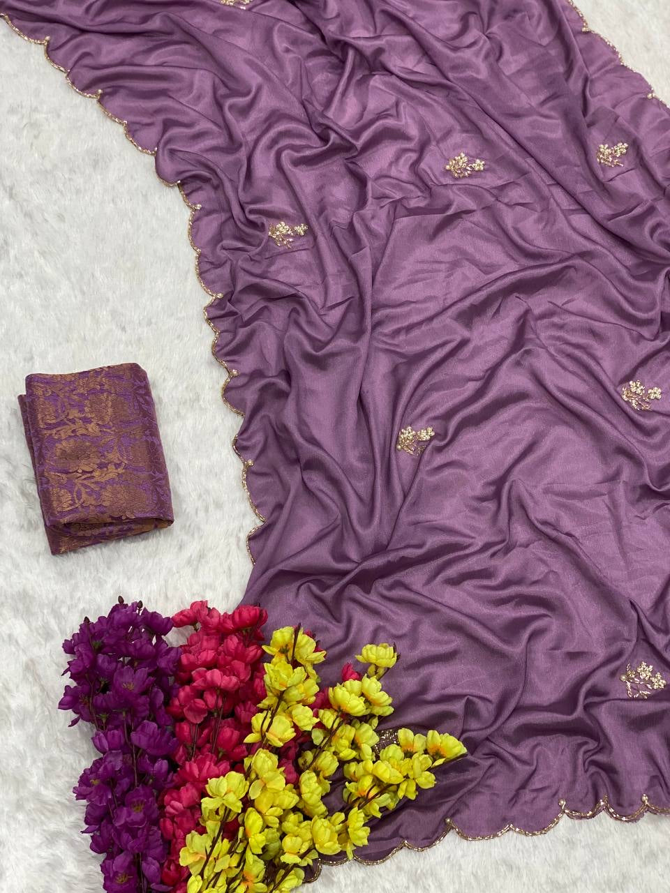 Chinon handwork saree with banarsi blouse
