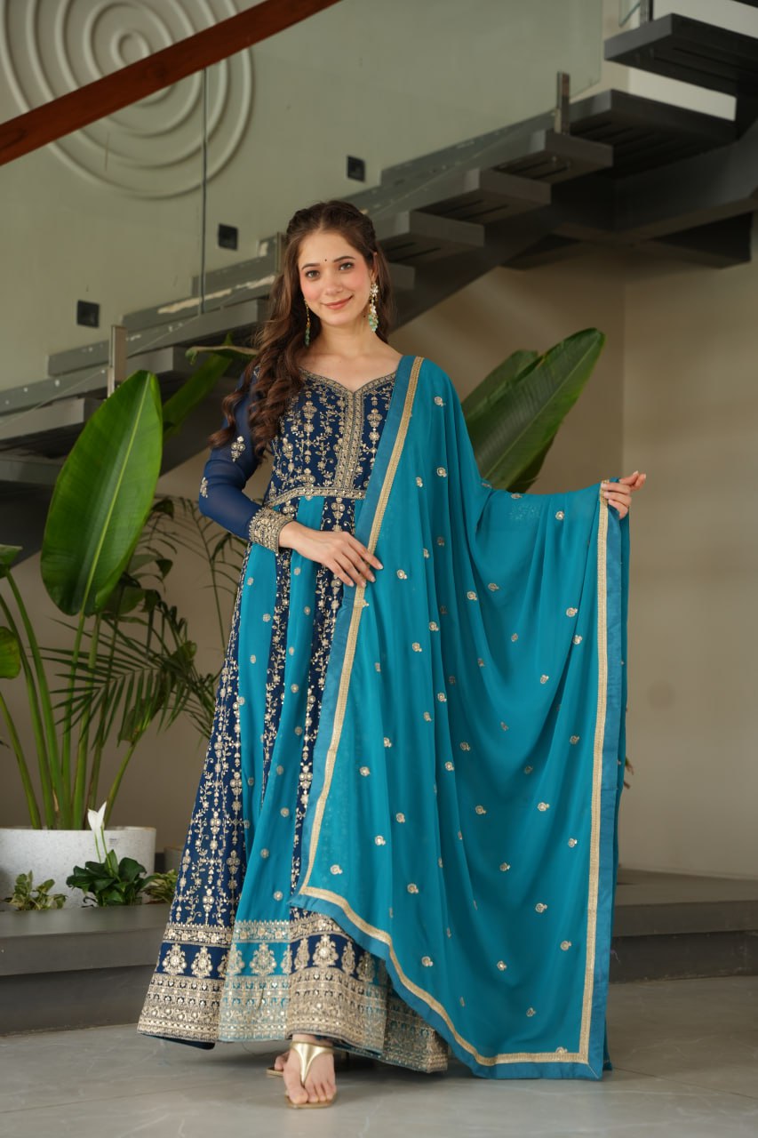 Dual Pattern Gown with Zari & Sequins Embroidered work