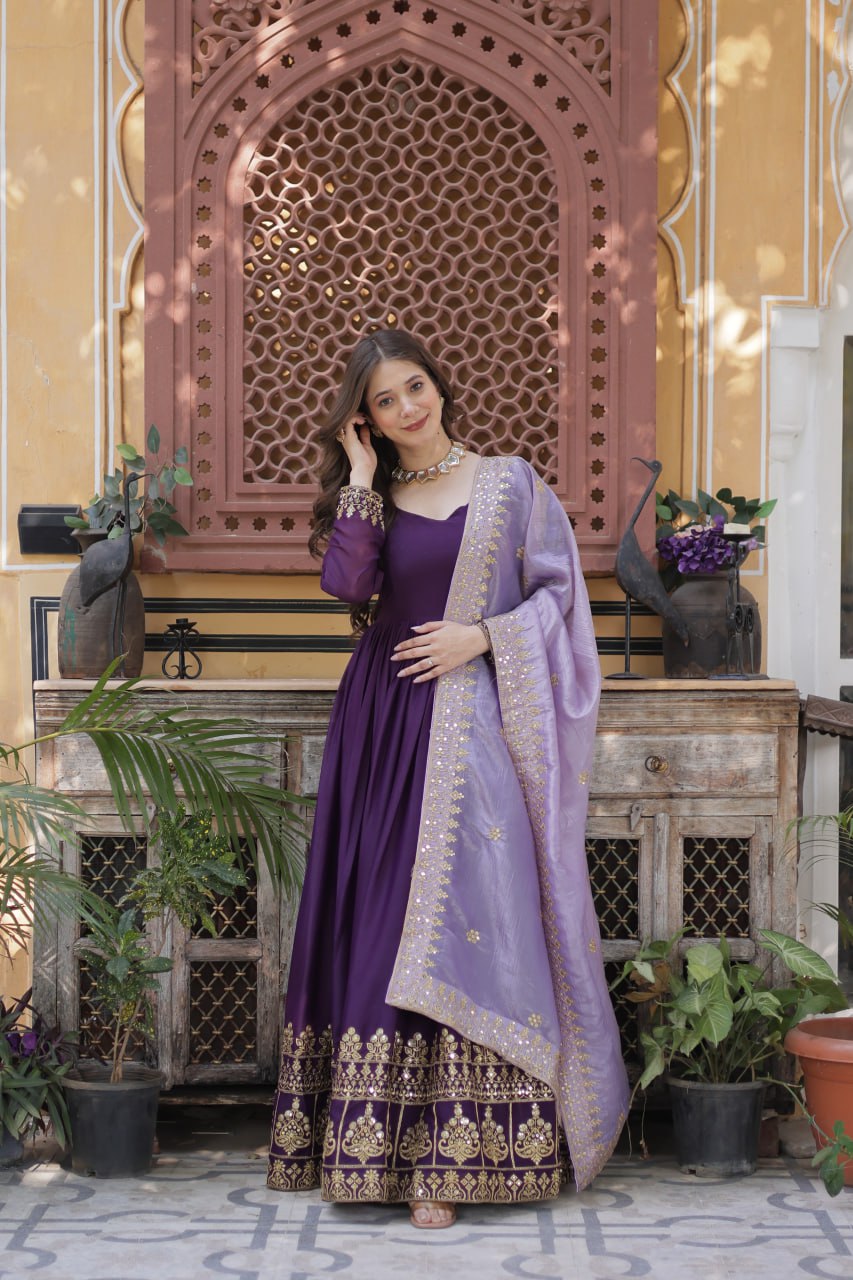 Star Georgette Purple Gown with Light Purple Dupatta