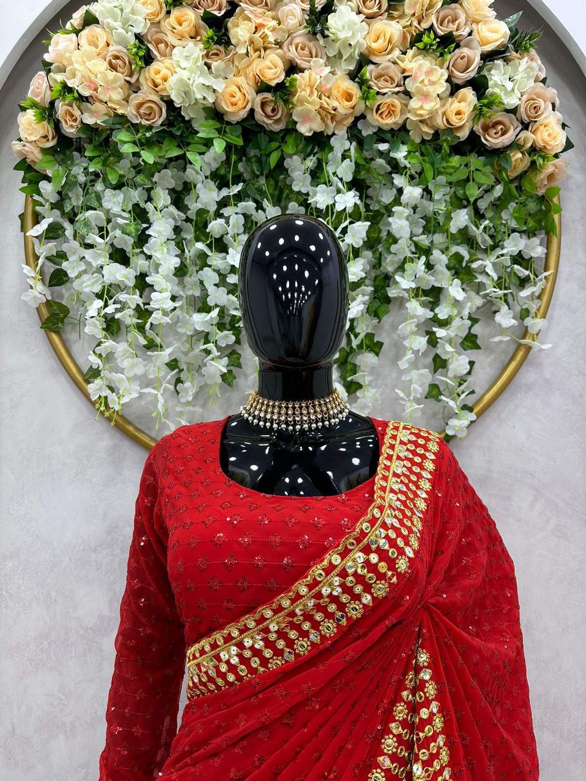 Ananya pandey inspired red sequins and threadwork Saree