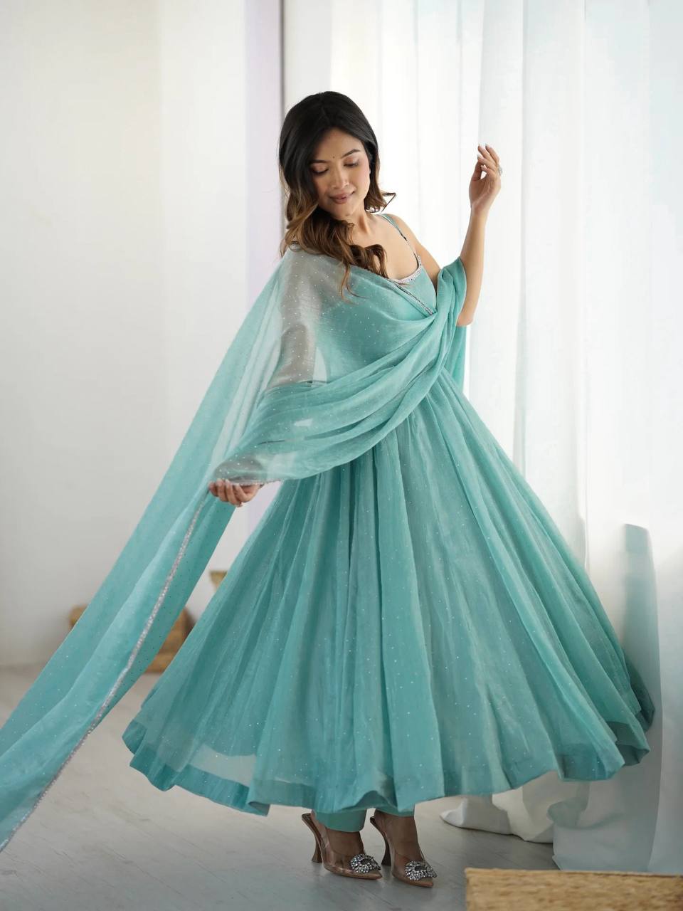 Siroski work Crunchy Silk Anarkali