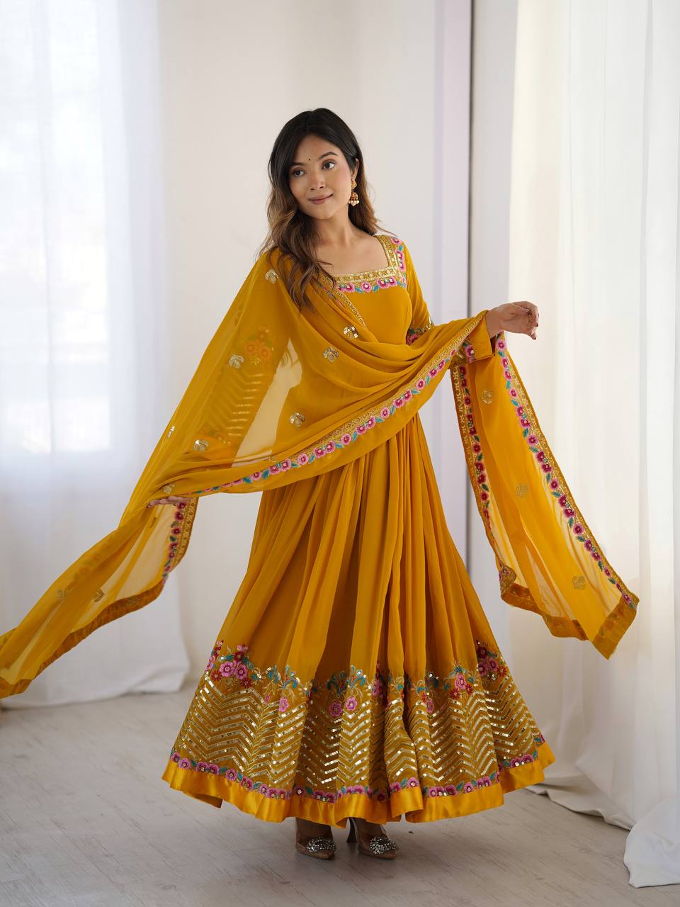 Georgette Anarkali with Multi thread embroidery work