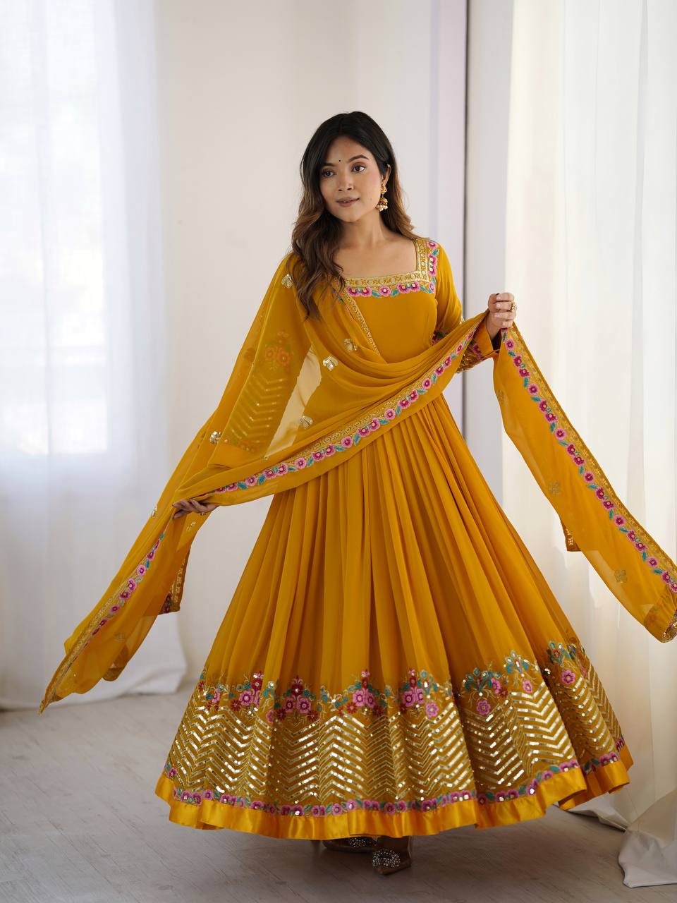 Georgette Anarkali with Multi thread embroidery work