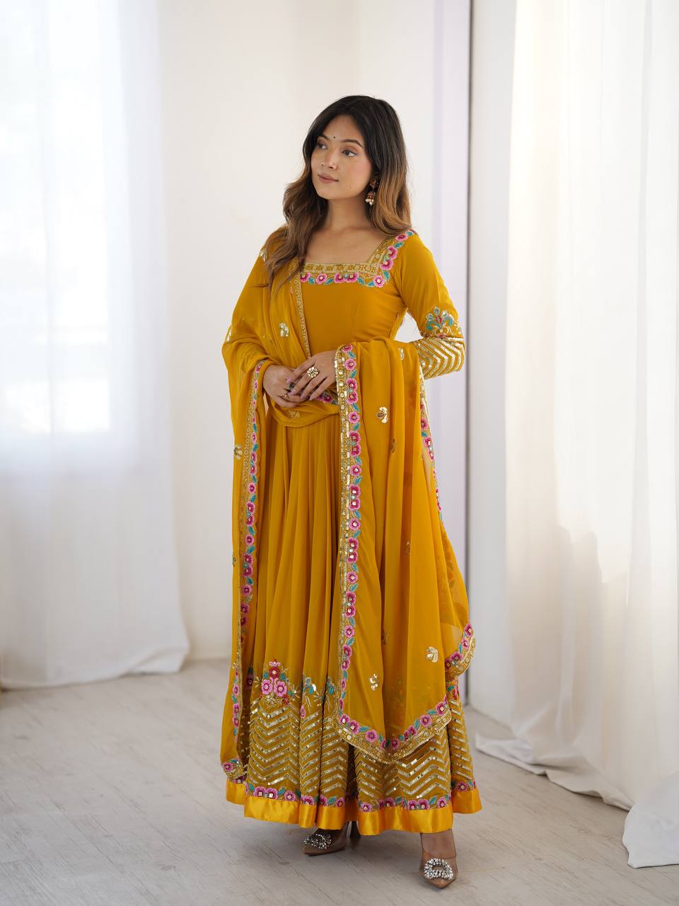 Georgette Anarkali with Multi thread embroidery work