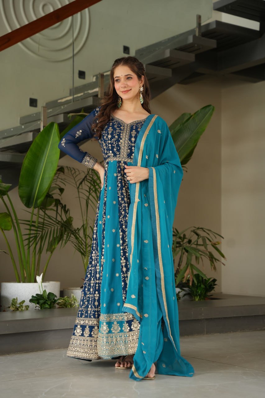 Dual Pattern Gown with Zari & Sequins Embroidered work