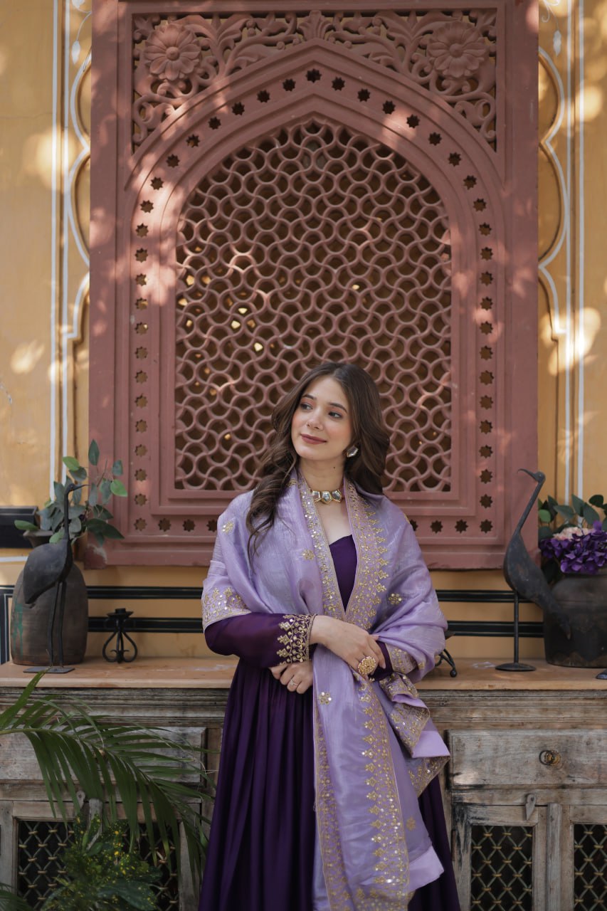 Star Georgette Purple Gown with Light Purple Dupatta