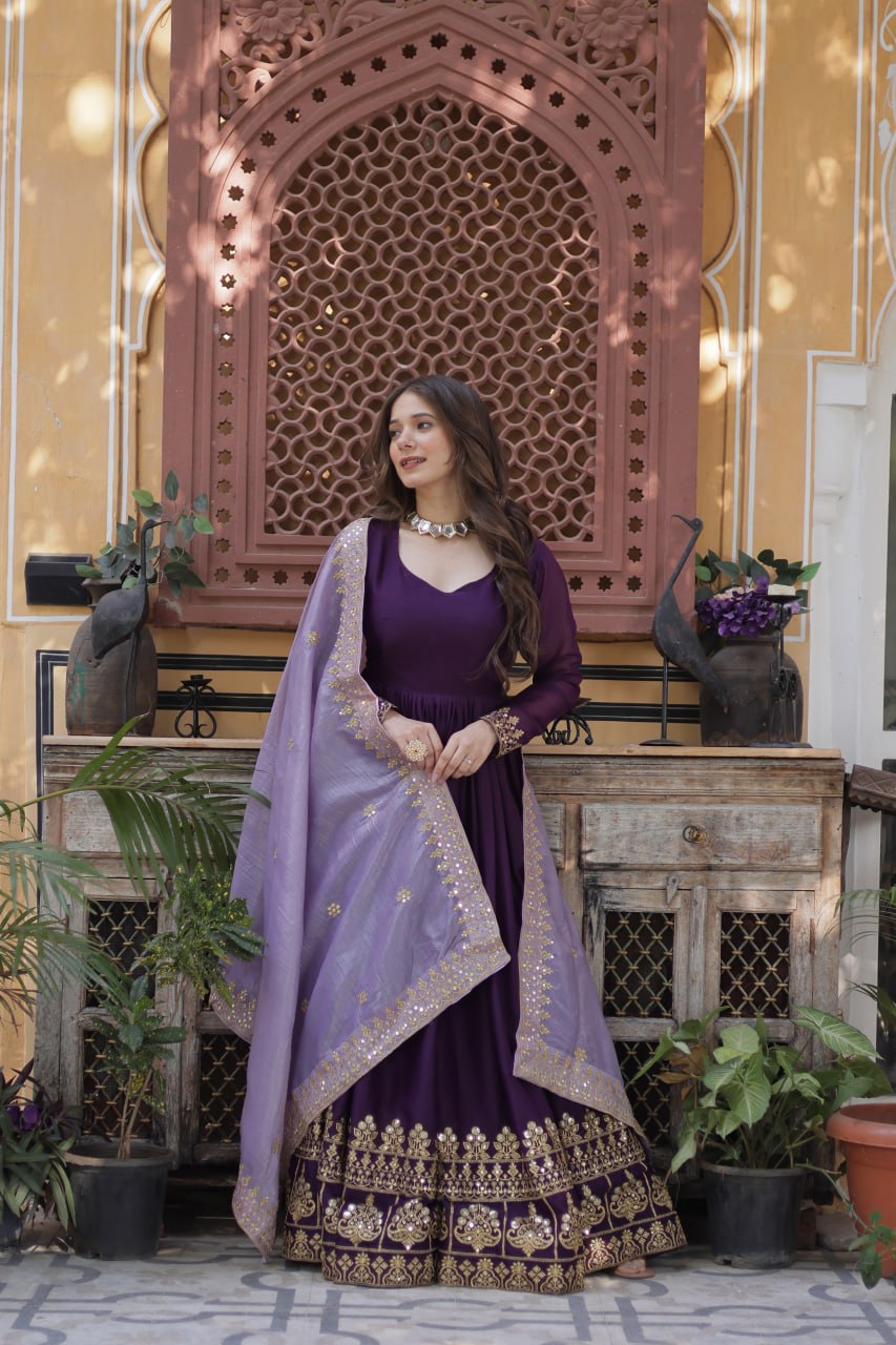 Star Georgette Purple Gown with Light Purple Dupatta