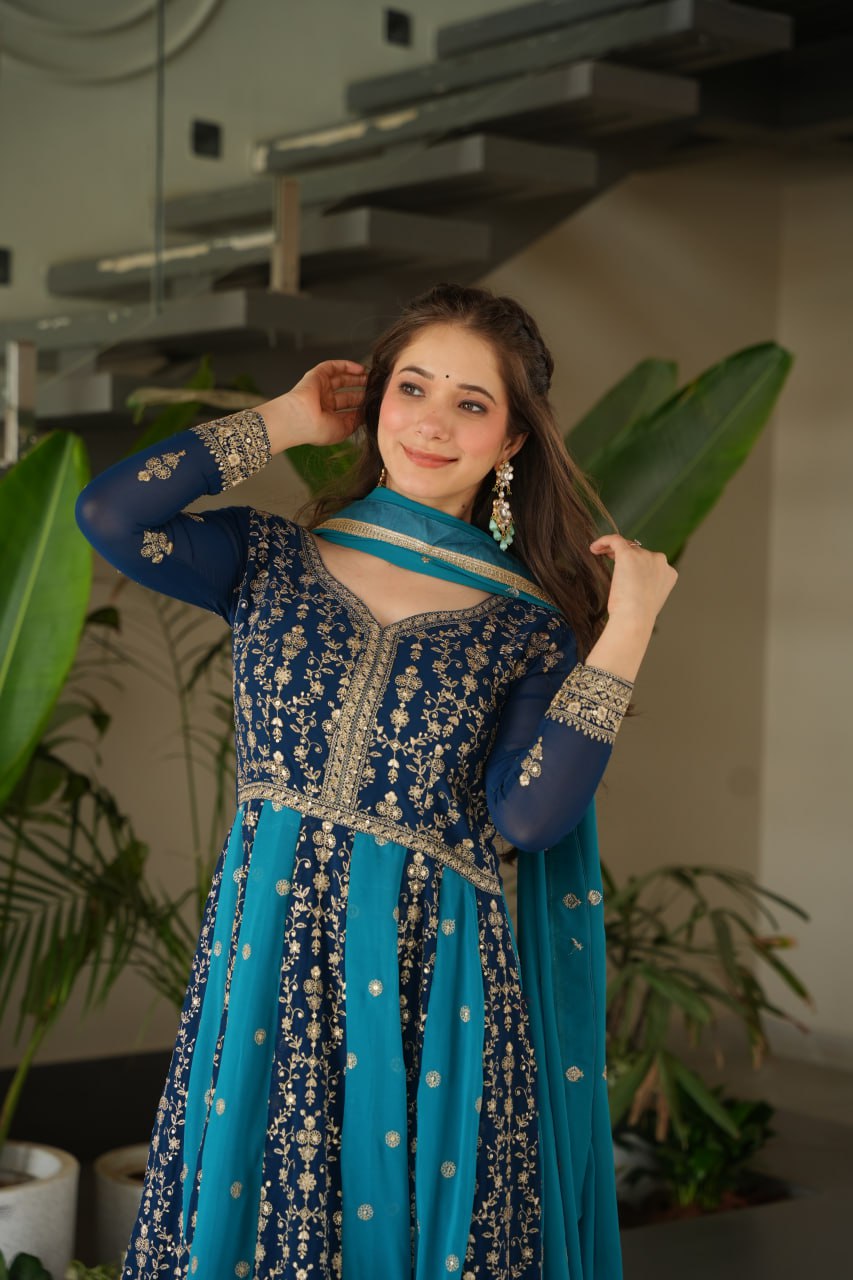 Dual Pattern Gown with Zari & Sequins Embroidered work