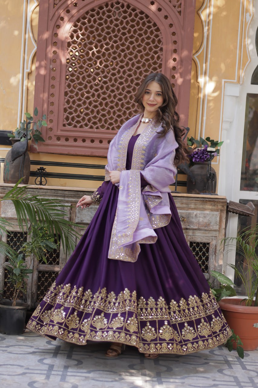 Star Georgette Purple Gown with Light Purple Dupatta