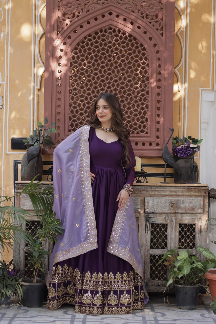 Star Georgette Purple Gown with Light Purple Dupatta