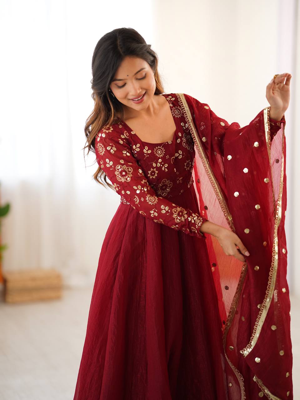 Crunchy Silk Maroon Anarkali with beautiful Dupatta