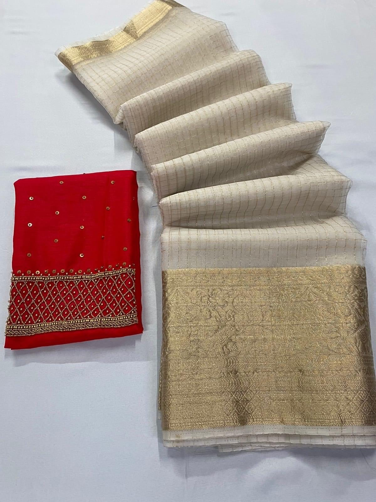 Niharika White Organza Chex saree