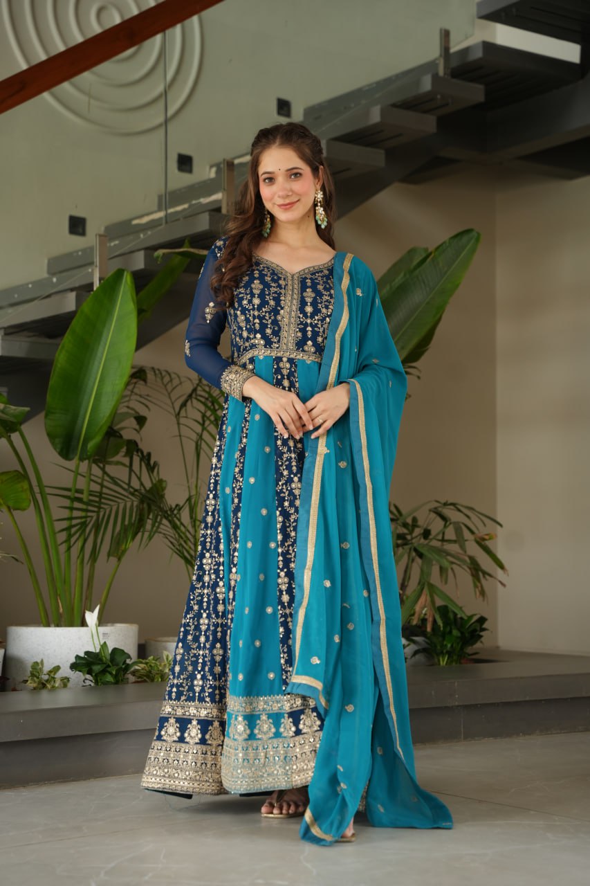 Dual Pattern Gown with Zari & Sequins Embroidered work