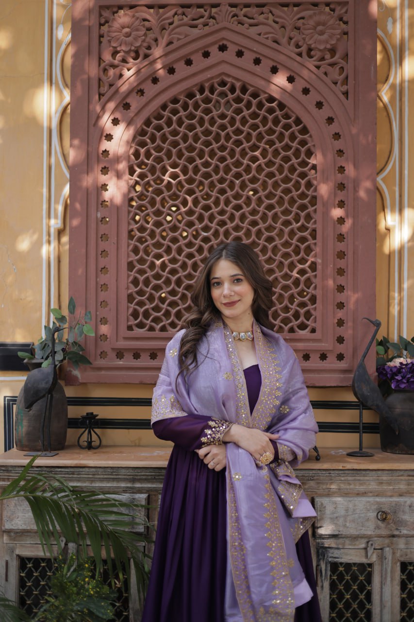 Star Georgette Purple Gown with Light Purple Dupatta