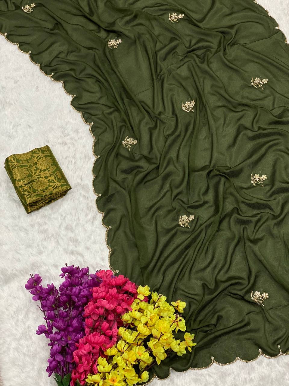 Chinon handwork saree with banarsi blouse