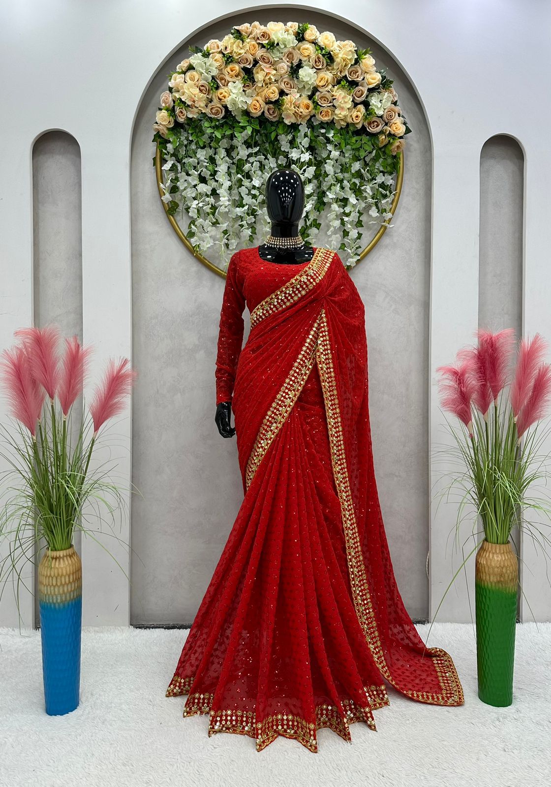 Ananya pandey inspired red sequins and threadwork Saree