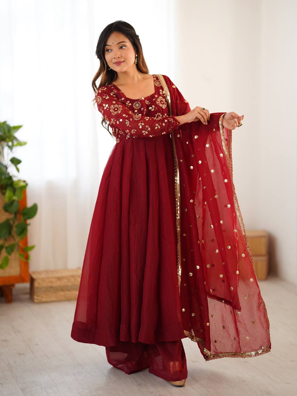 Crunchy Silk Maroon Anarkali with beautiful Dupatta