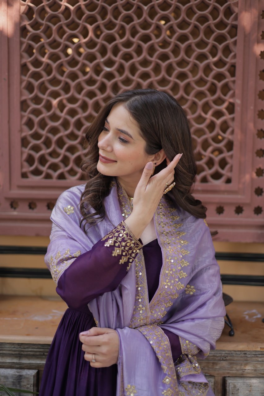 Star Georgette Purple Gown with Light Purple Dupatta