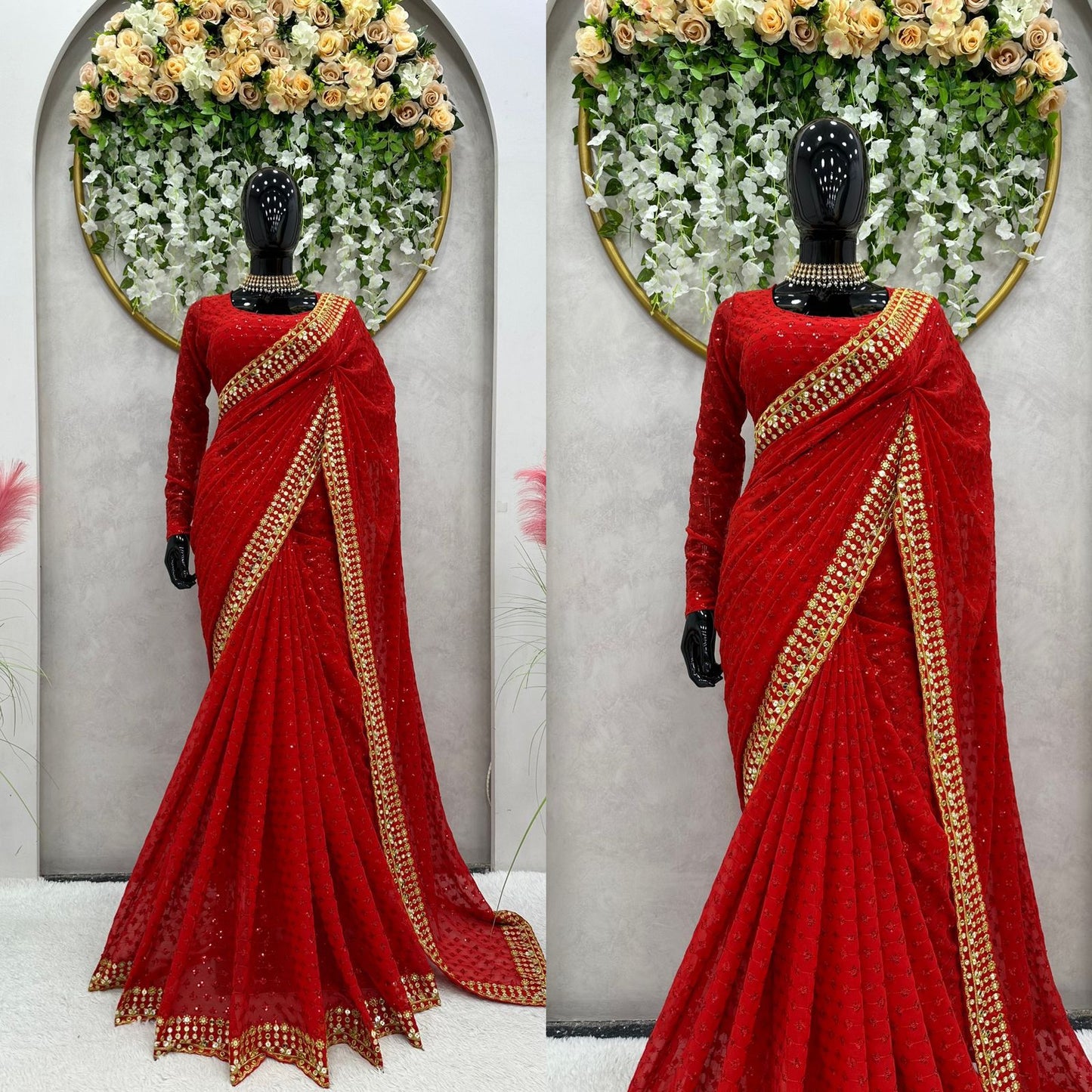 Ananya pandey inspired red sequins and threadwork Saree