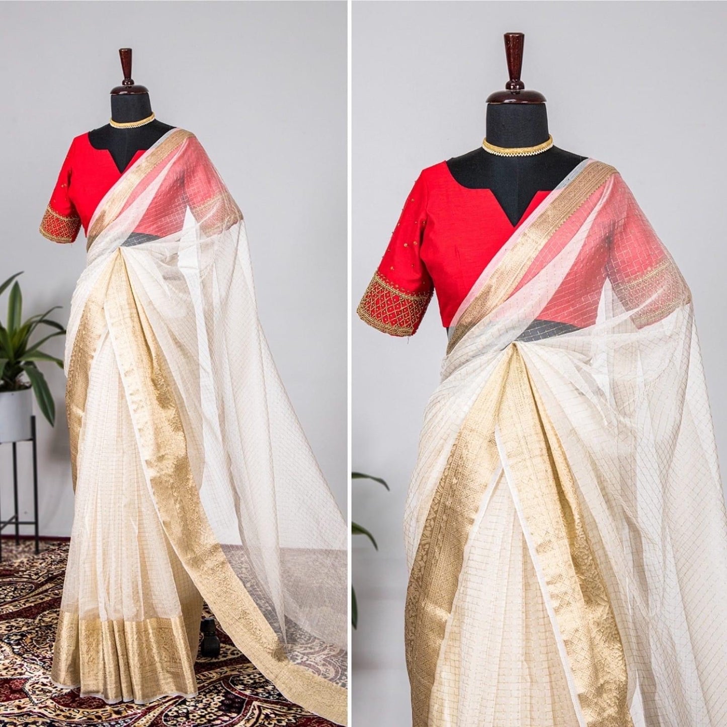 Niharika White Organza Chex saree