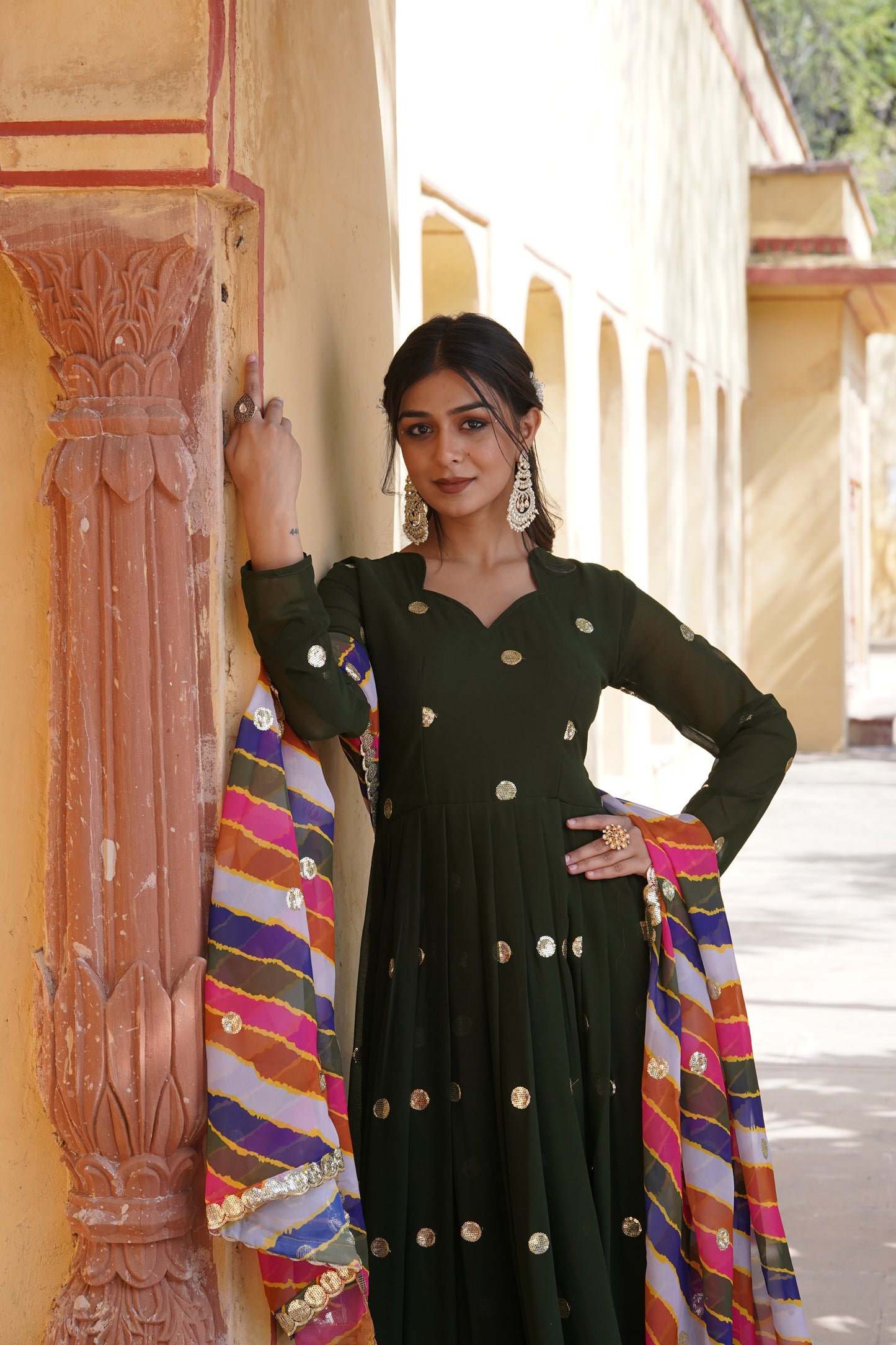 Sequins Polkadot Gown with Lehariya Dupatta