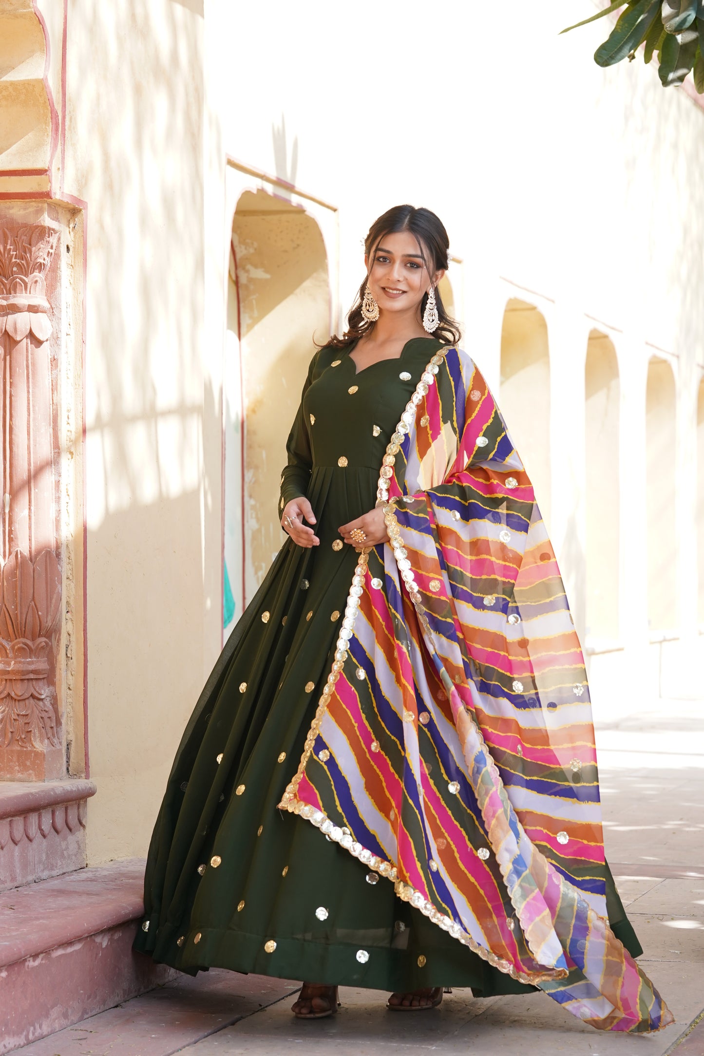 Sequins Polkadot Gown with Lehariya Dupatta