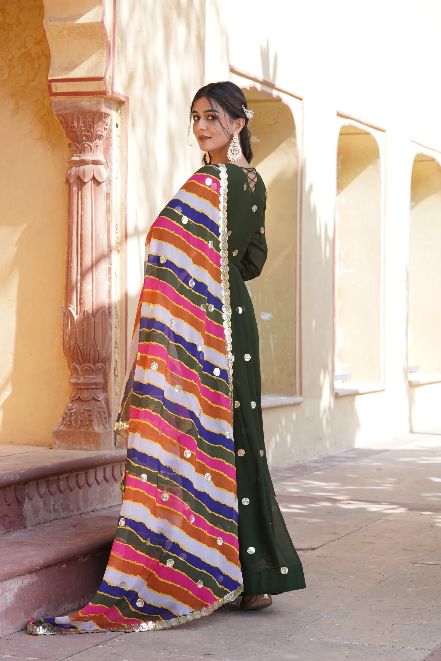 Sequins Polkadot Gown with Lehariya Dupatta