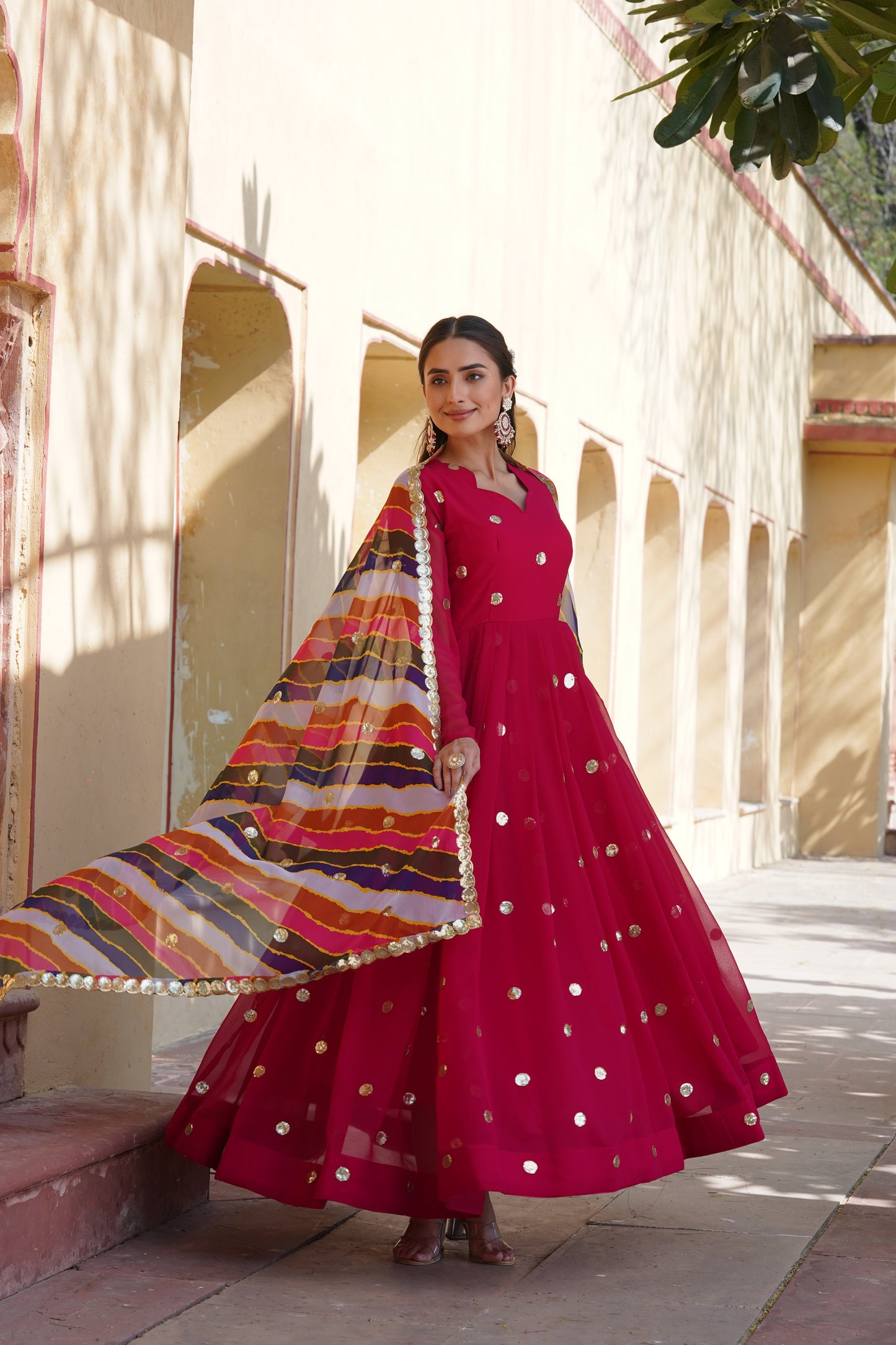 Sequins Polkadot Gown with Lehariya Dupatta