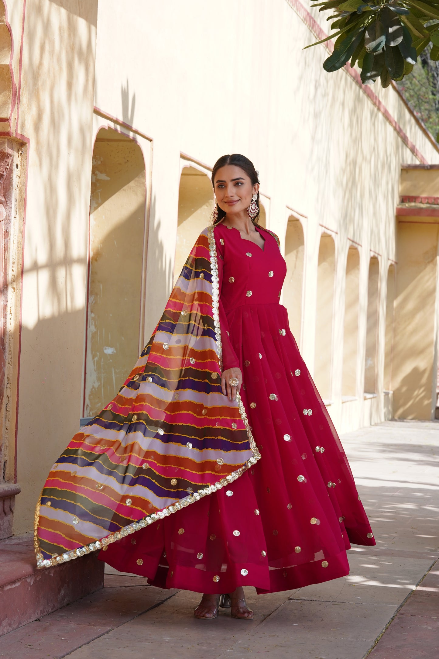 Sequins Polkadot Gown with Lehariya Dupatta