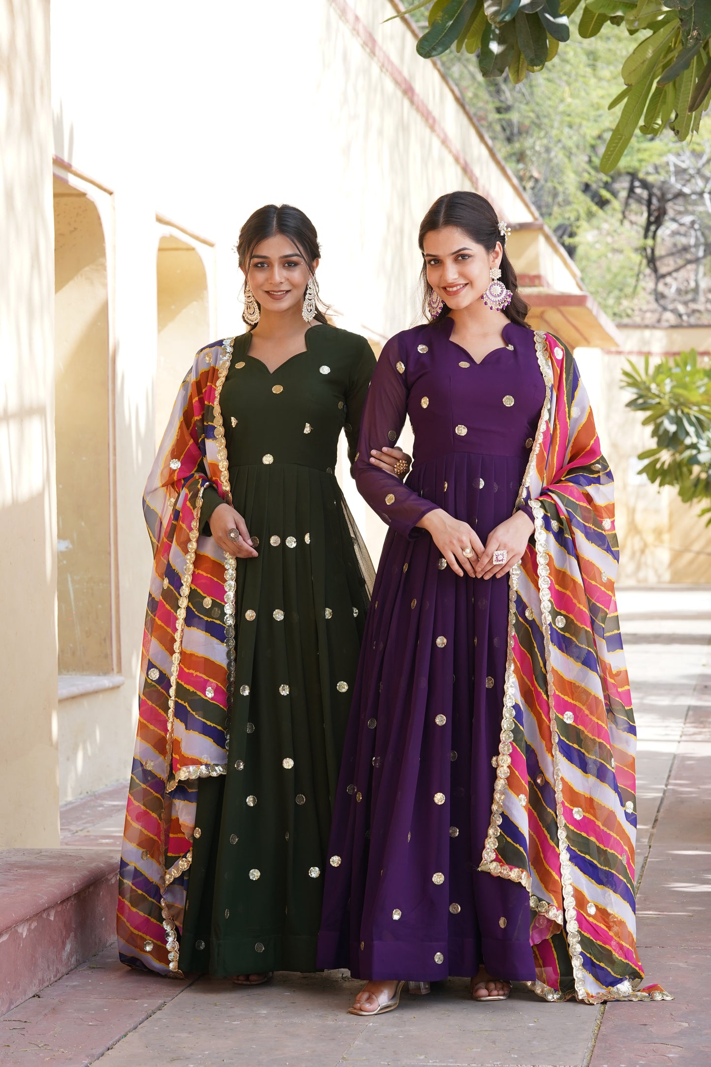Sequins Polkadot Gown with Lehariya Dupatta