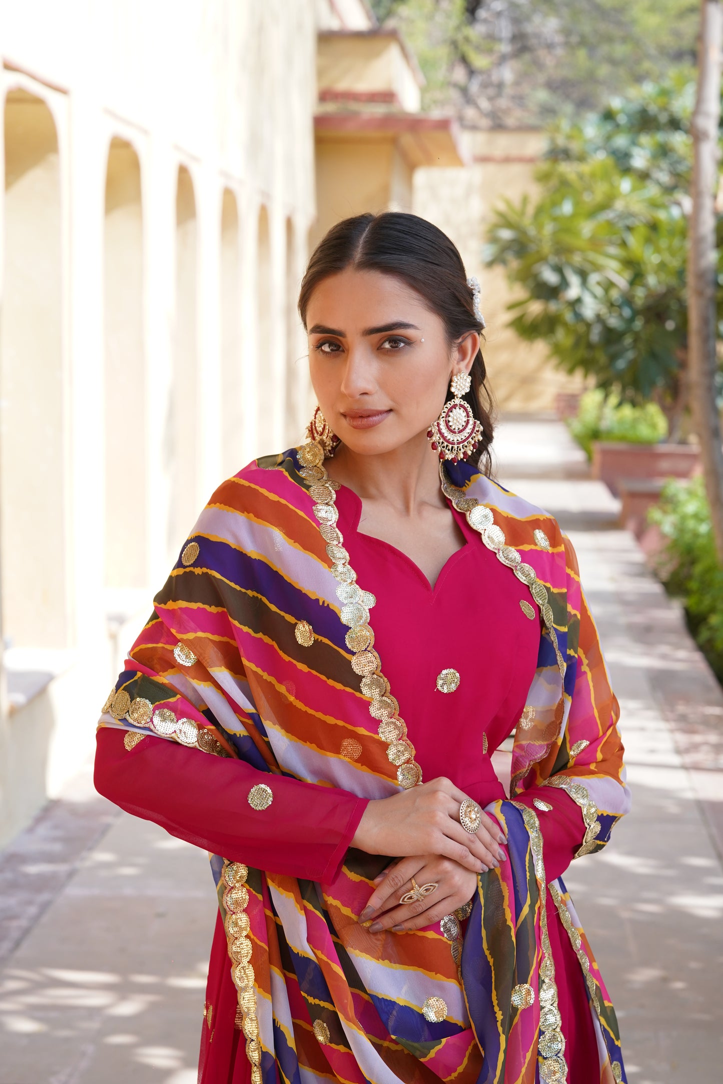 Sequins Polkadot Gown with Lehariya Dupatta