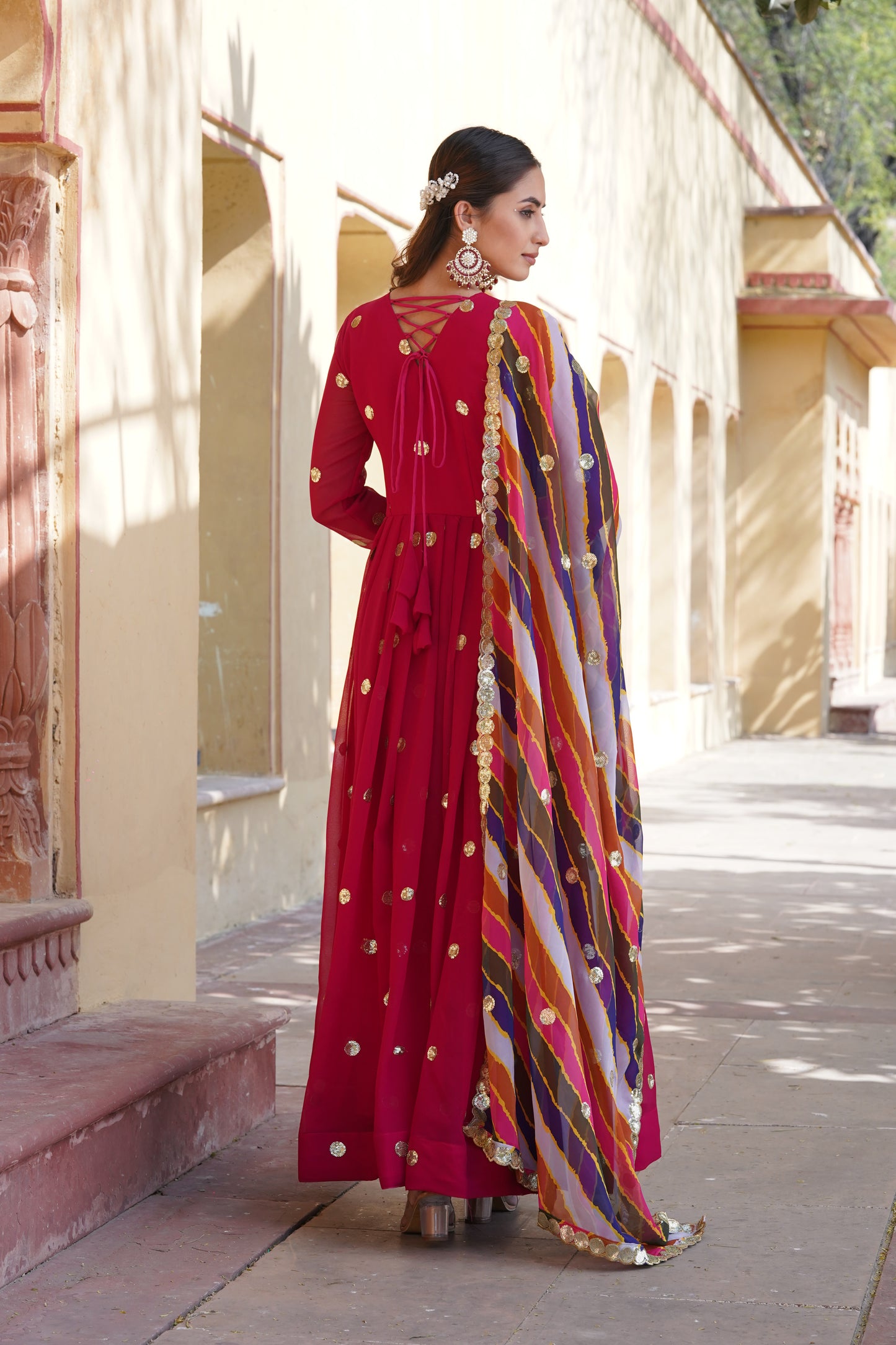 Sequins Polkadot Gown with Lehariya Dupatta