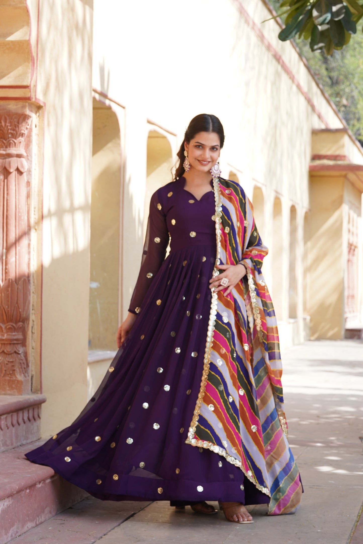 Sequins Polkadot Gown with Lehariya Dupatta