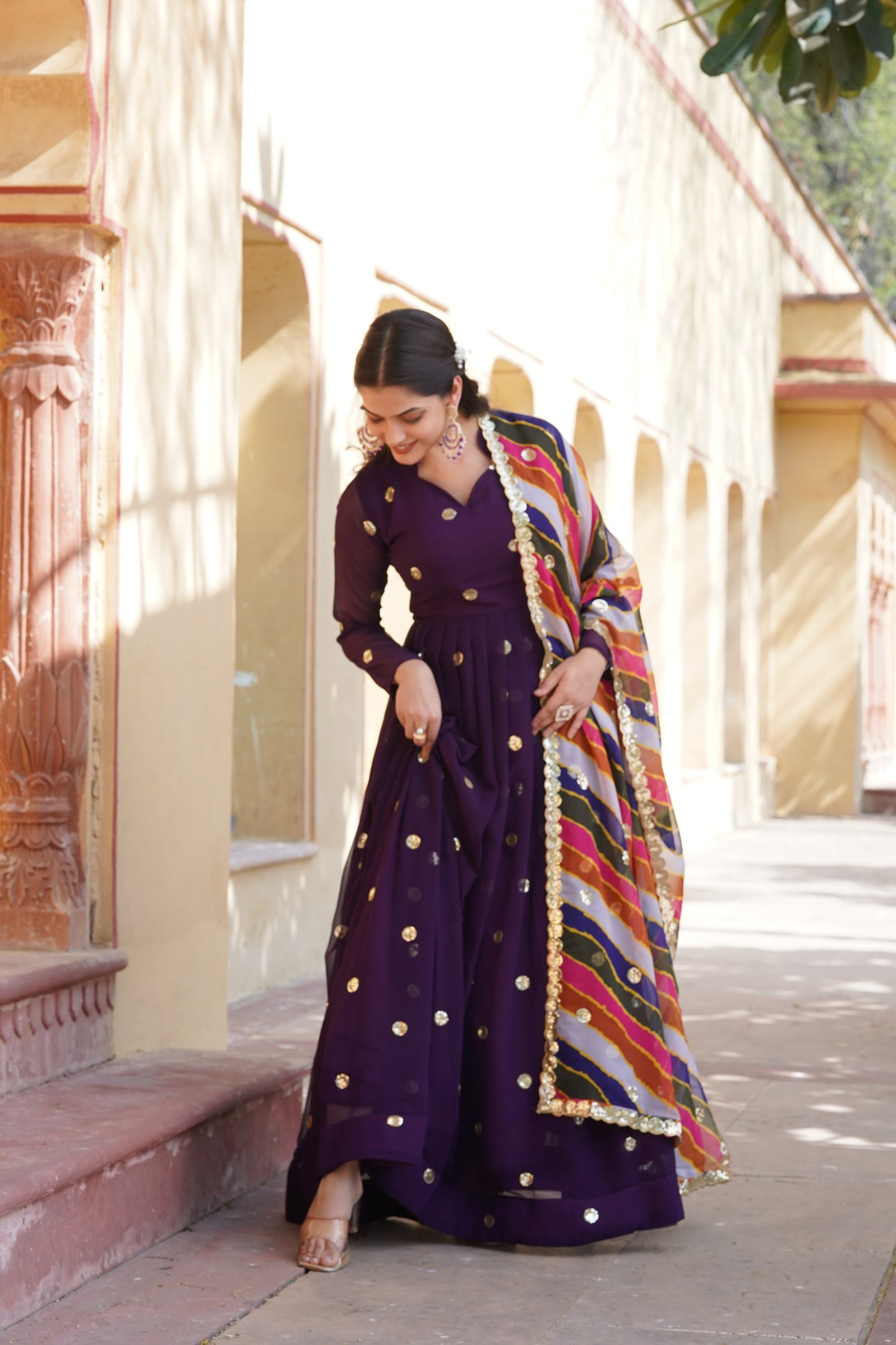 Sequins Polkadot Gown with Lehariya Dupatta