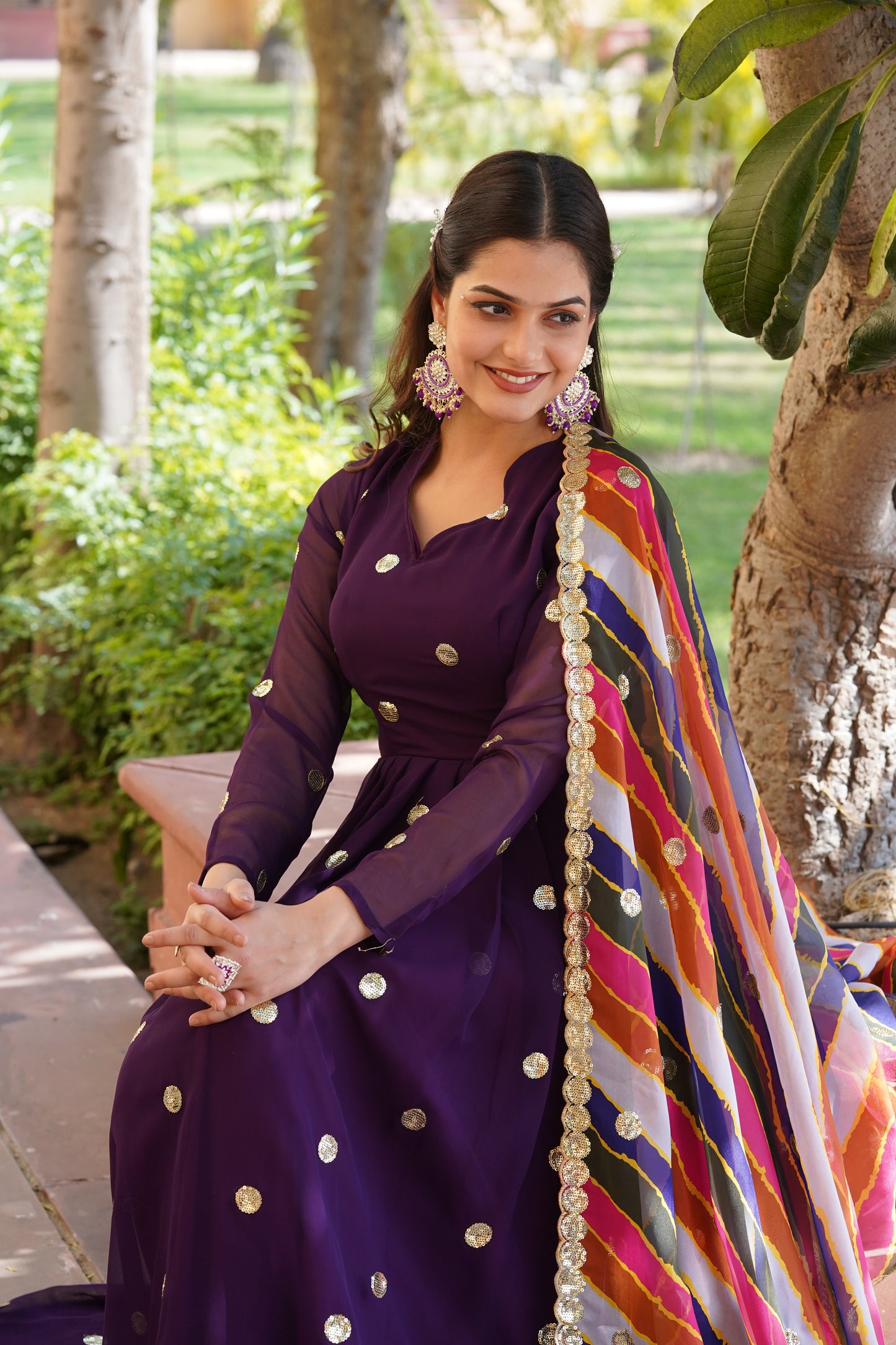 Sequins Polkadot Gown with Lehariya Dupatta