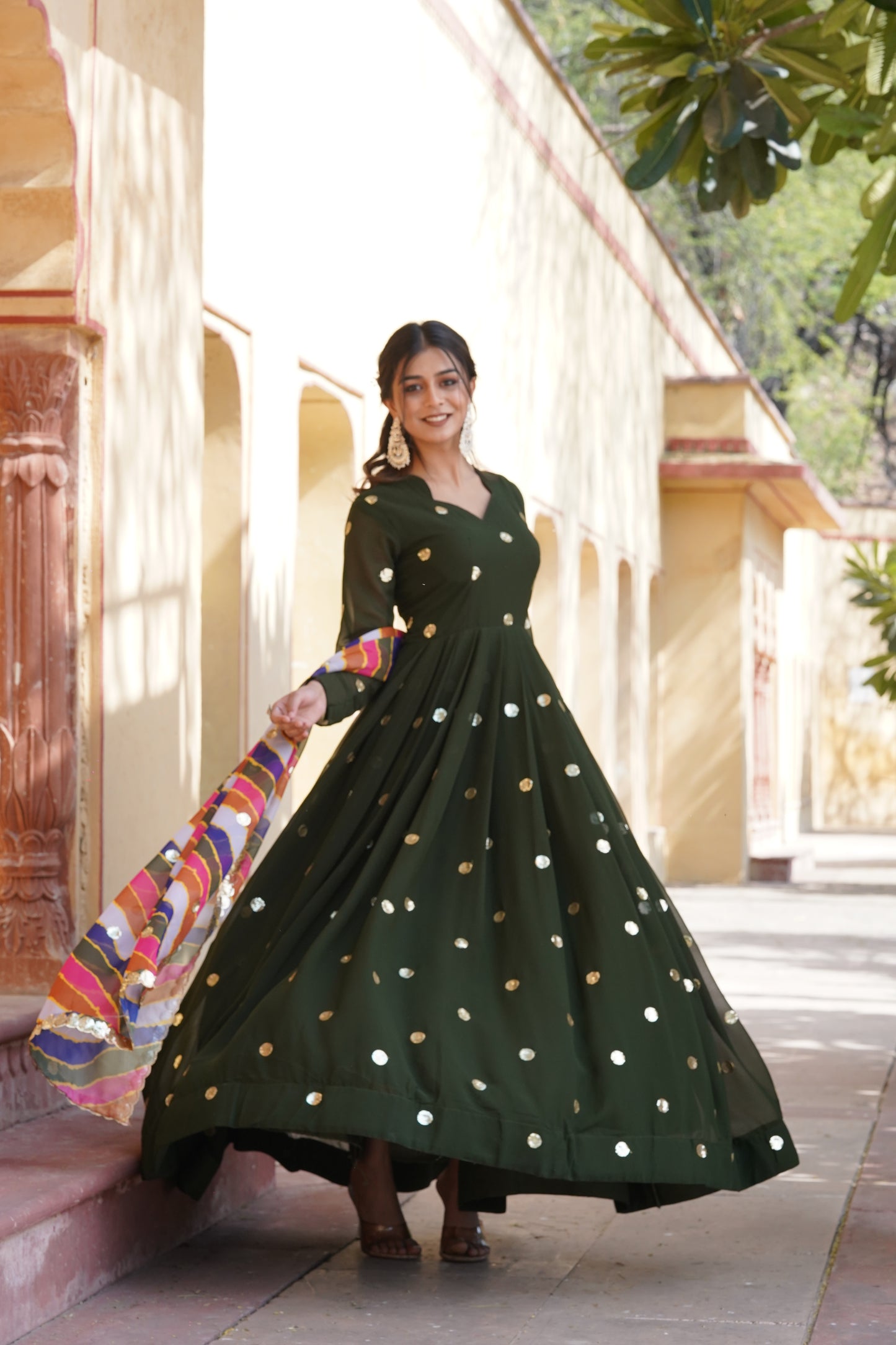 Sequins Polkadot Gown with Lehariya Dupatta