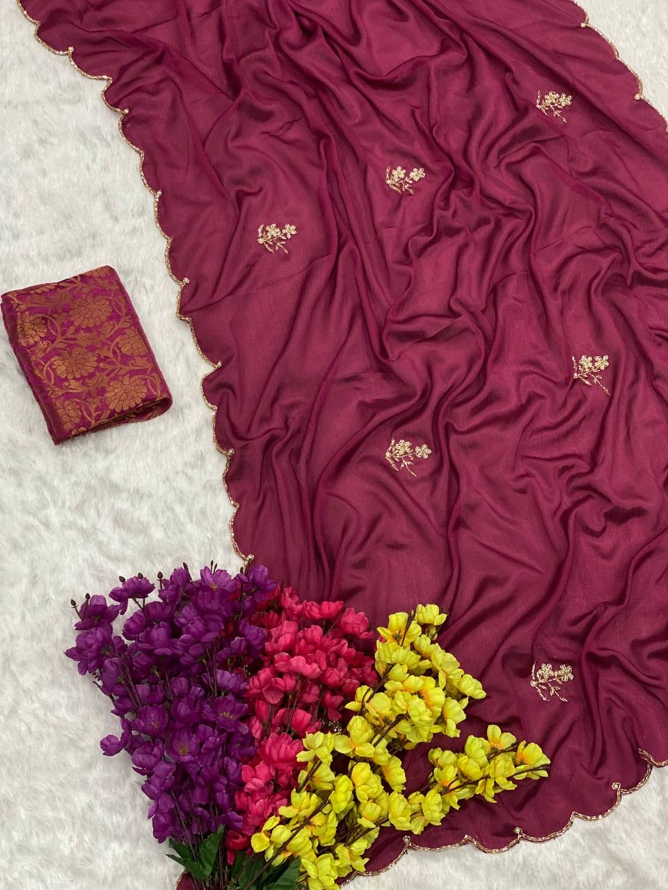 Chinon handwork saree with banarsi blouse