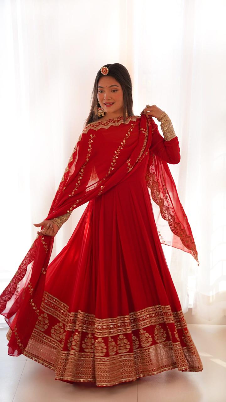 Red Georgette Heavy Sequins Work Anarkali Gown
