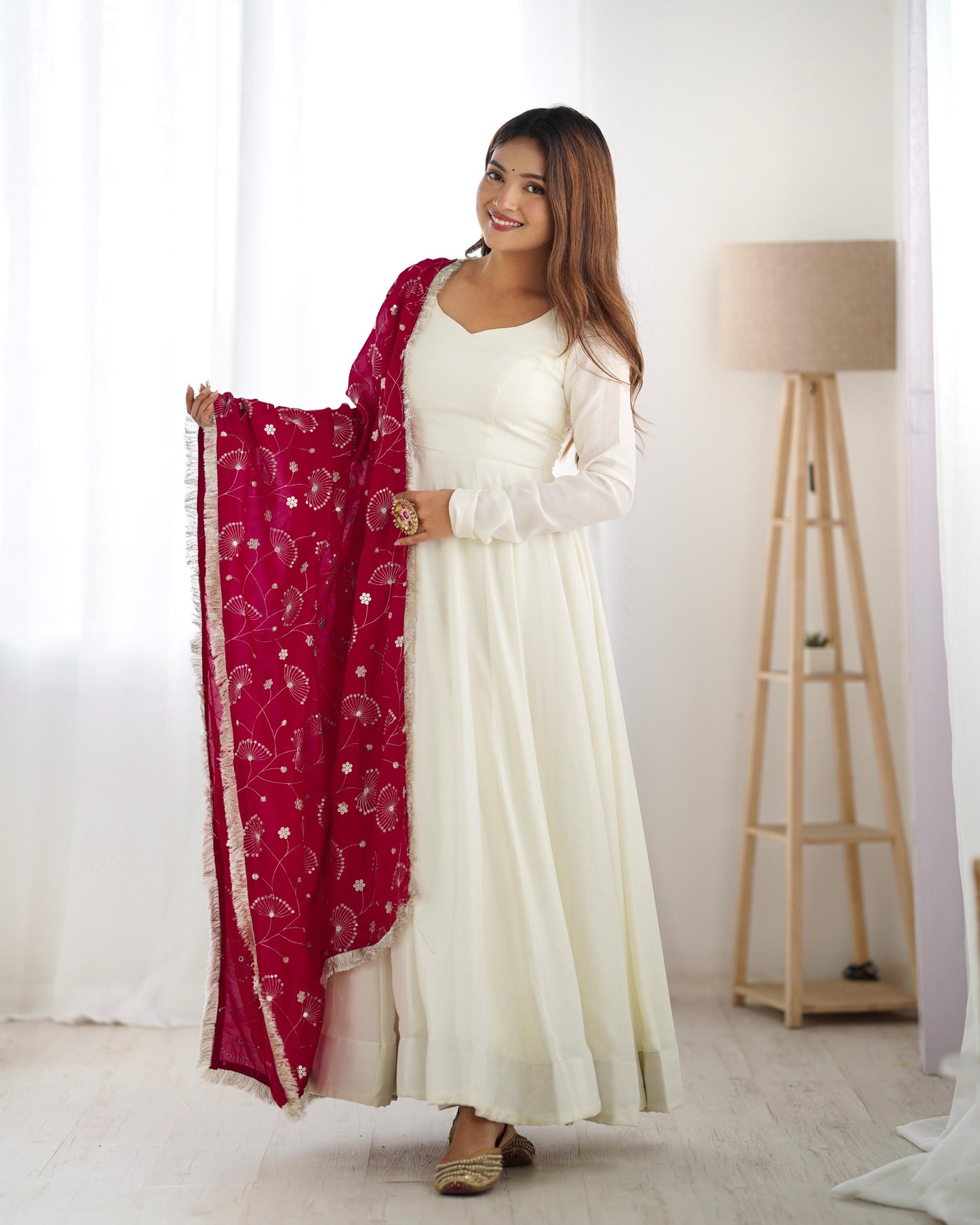 White Soft Vichitra Silk Anarkali