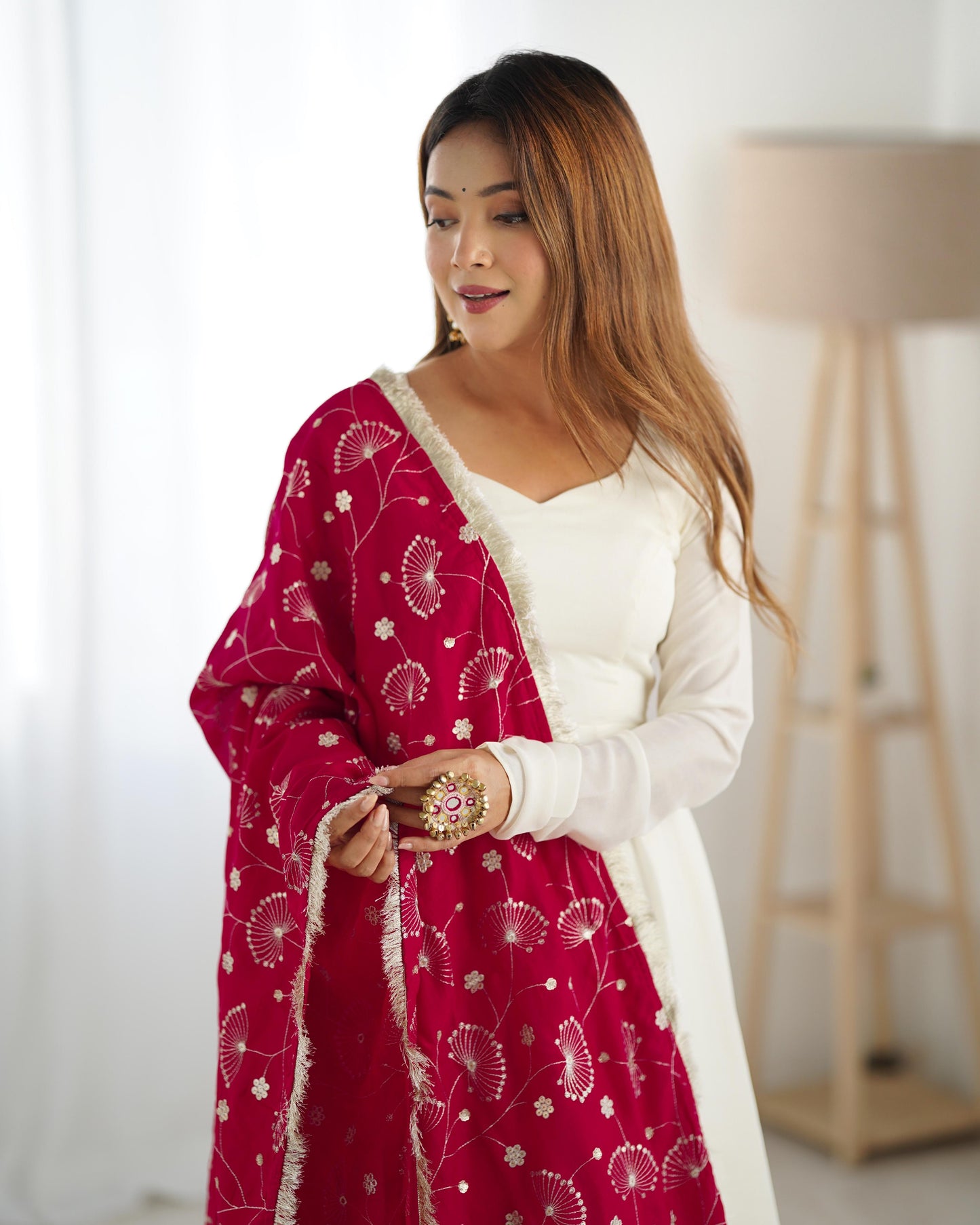 White Soft Vichitra Silk Anarkali