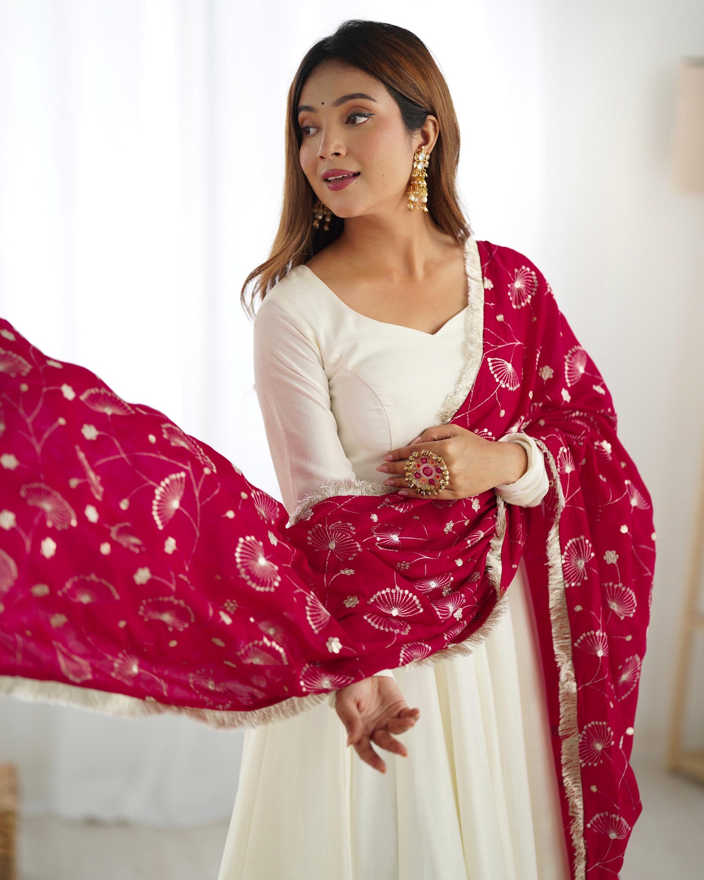 White Soft Vichitra Silk Anarkali