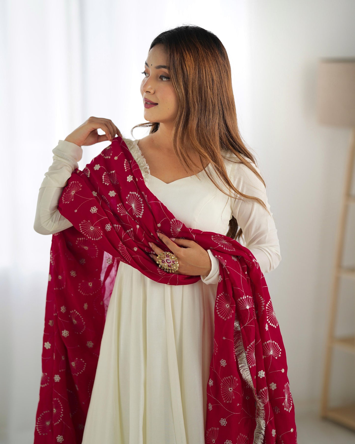 White Soft Vichitra Silk Anarkali