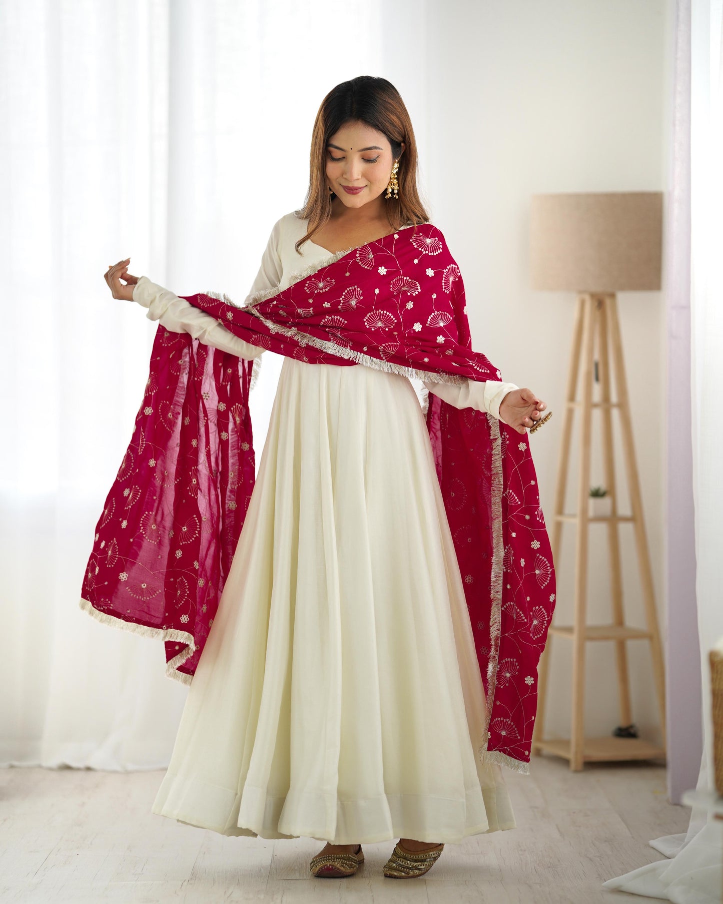 White Soft Vichitra Silk Anarkali