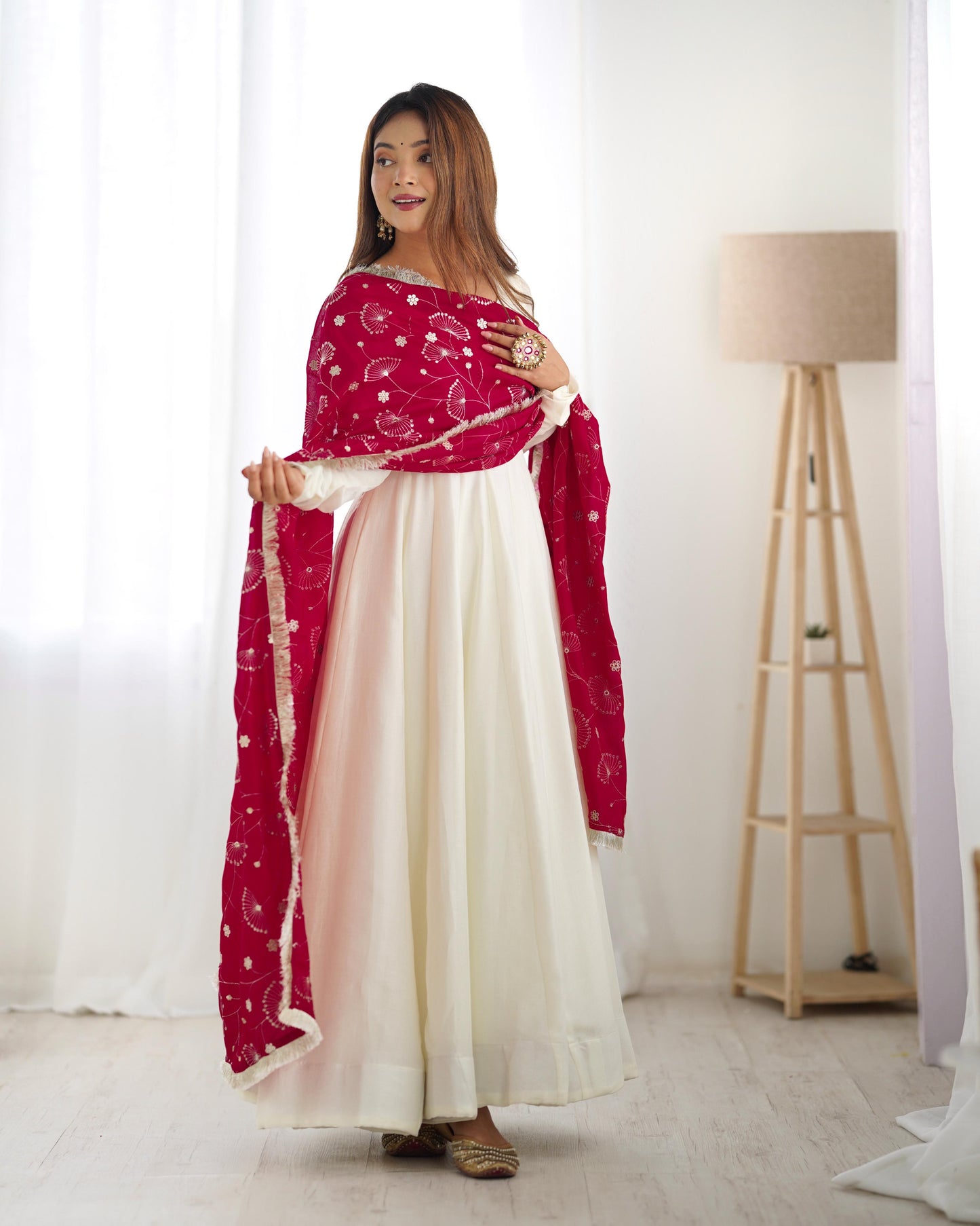 White Soft Vichitra Silk Anarkali
